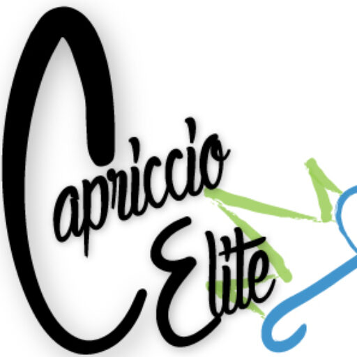 Logo with the words 'Capriccio Elite' in stylized black script with green and blue abstract shapes in the background.
